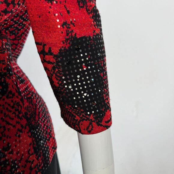 St. John Vintage Evening Red & Black Floral Sequin Knit Top Size Small - Picture 12 of 16